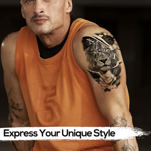 Vista 3 de Kotbs 6 hojas de tatuajes temporales de animales en 3D para mujeres y hombres, tatuajes realistas impermeables falsos con patrón de lobo y león