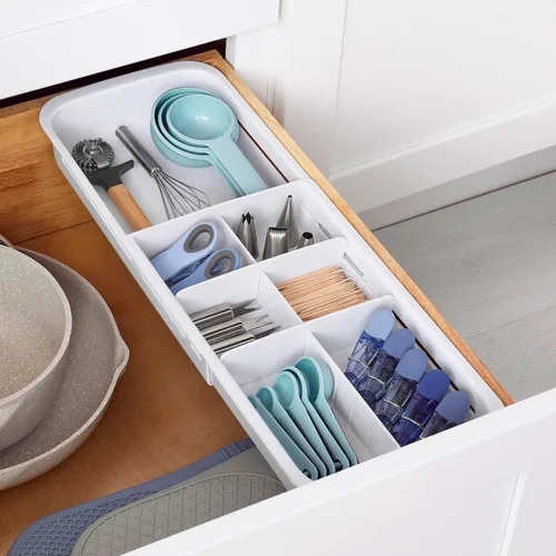 Vista 10 de YouCopia DrawerFit - Cajonera deslizante, organizador de almacenamiento de cocina expandible y ajustable, color blanco moteado
