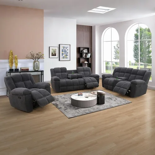 Vista 30 de Juego de sofá reclinable para muebles de sala de estar, juego de sofá y silla reclinable de pana verde, tela manual, sofá reclinable de 3 plazas