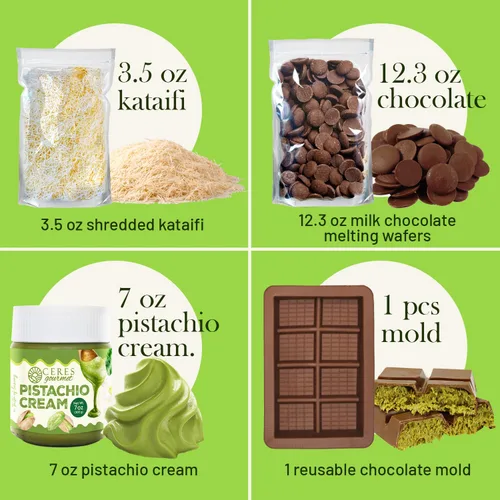 Vista 6 de Kit de chocolate Dubai: el juego de bricolaje incluye molde, obleas de fusión de 12.3 onzas, Kataifi de 3.5 onzas, untado de pistacho de 7 onzas
