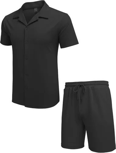 Vista 4 de COOFANDY Conjunto de dos piezas para hombre, camisa de manga corta con botones y pantalones cortos, conjuntos de playa