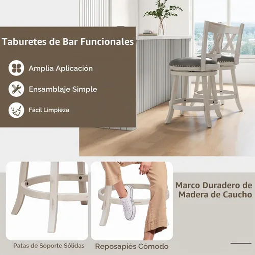 Vista 7 de COSTWAY Juego de 2 taburetes de bar para isla de cocina, taburetes giratorios de altura de mostrador sin brazos de 25.5 pulgadas con asiento