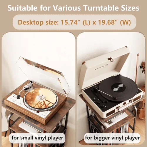 Vista 12 de Soporte para tocadiscos, mesa para tocadiscos de 3 niveles, almacenamiento de discos de vinilo con escritorio extragrande, mesa auxiliar para discos