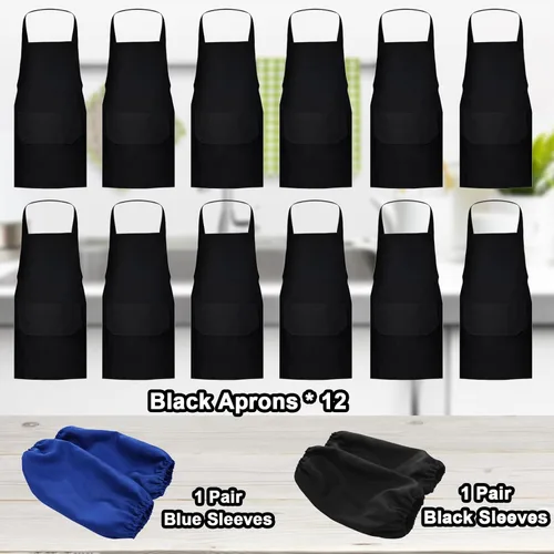 Vista 3 de smilixin Paquete de 12 delantales con peto, delantales negros con 2 bolsillos, delantales lisos unisex negros con lazos largos, delantales de cocina