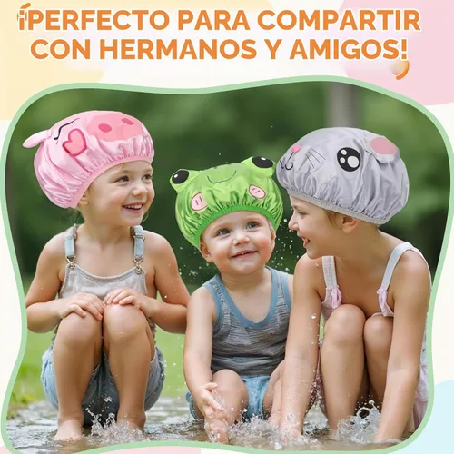 Vista 7 de kilofly Juego de 3 gorros de ducha de animales divertidos para niños, reutilizables, impermeables, juego de sombreros de baño set3