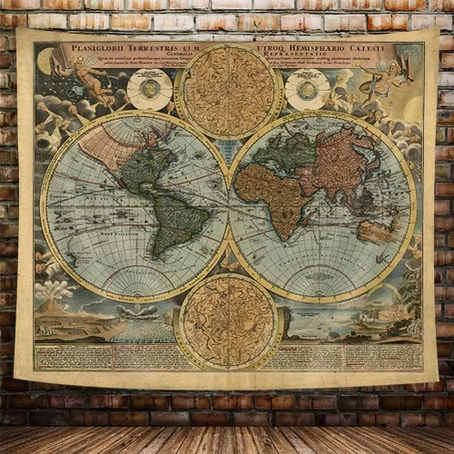 Vista 4 de Tapiz de Mapa del Mundo Vintage, Arte de Pared de Mapa Náutico Antiguo del Mundo, Tapiz Pirata Retro de Atlas Geográfico Histórico Wanderlust