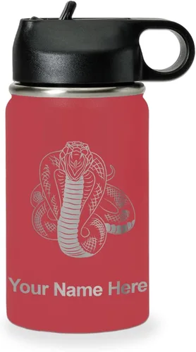 Vista 29 de LaserGram Botella de agua personalizada, serpiente de cobra, acero inoxidable de doble pared aislada al vacío con popote superior, regalo grabado