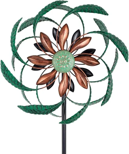 Vista 20 de Viveta Paquete de 2 molinos de viento de jardín, molino de viento de metal de flores de 35.4 pulgadas, escultura de viento rosa y azul, molinetes