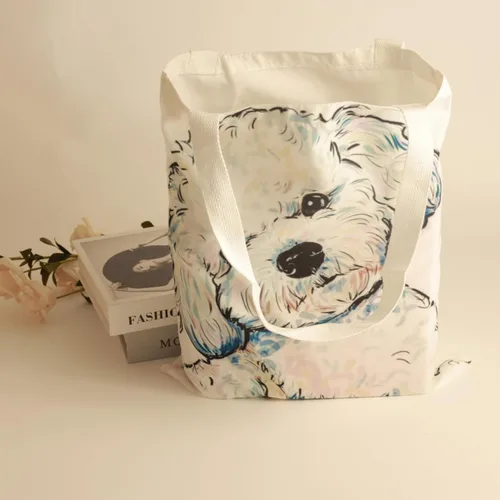 Vista 3 de Bonita bolsa de lona para mujer con diseño de perro, reutilizable, ligera, bolsa de compras para el trabajo, picnic, playa