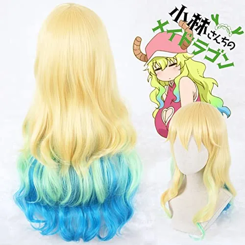 Vista 2 de Peluca de cosplay de Quetzalcoatl Anime Miss Kobayashi's Dragon Maid Cosplay Peluca amarilla azul largo ondulado pelo sintético Halloween juego
