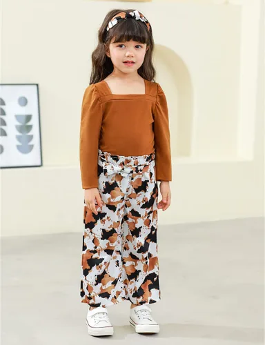 Vista 3 de Conjunto de 3 piezas de ropa para niña pequeña, cuello cuadrado, manga larga abombada, pantalones a rayas + diadema