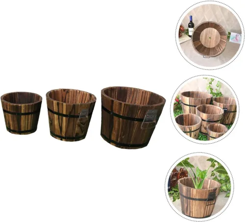 Vista 6 de Maceta de madera para suculentas, 3 piezas, macetero grande para suculentas, para exteriores, macetas redondas rústicas, macetas de madera rústicas