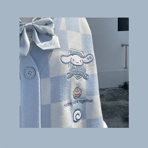 Vista 4 de Suéter Kawaii de anime a cuadros para mujer disfraz de cosplay con cuello en V manga larga