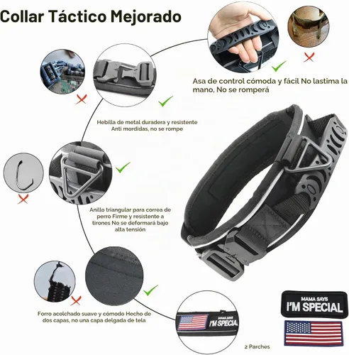 Vista 5 de Collar táctico de 2.5 pulgadas para perros medianos, collar de perro ajustable de nailon militar resistente con costuras reflectantes y mango Negro