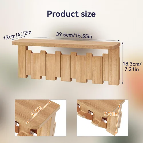 Vista 3 de YMYNY Perchero de pared montado en pared con estante, estante de pared con ganchos retráctiles, perchero de pared de madera para colgar Natural