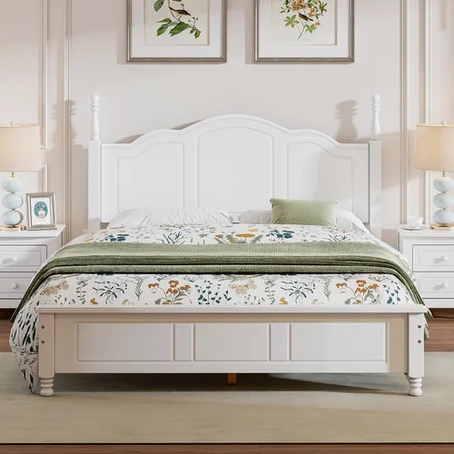 Vista 3 de SOFTSEA Base de cama tamaño Queen con cabecero alto y estribo, cama de plataforma clásica con listones de madera