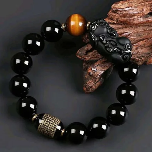 Vista 17 de Pulsera de obsidiana negra, pulsera de obsidiana negra Feng Shui para mujeres y hombres, pulsera elástica de obsidiana con piedra de ojo de tigre