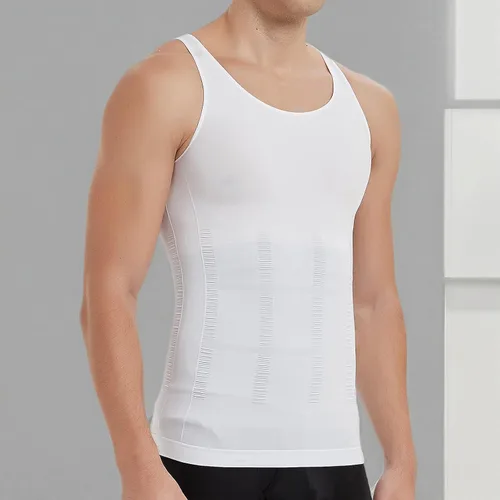 Vista 7 de KOCLES Camiseta de compresión atlética para hombre, adelgazante, moldeadora de cuerpo, camiseta sin mangas, abdominal, chaleco delgado