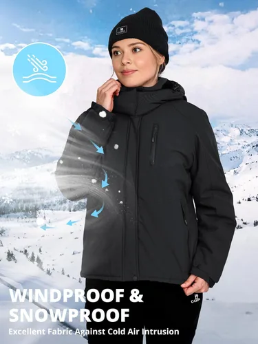 Vista 4 de CAMEL CROWN Chaquetas de esquí de invierno cálidas para mujer, abrigo de nieve impermeable con capucha, chaqueta de lluvia resistente al viento