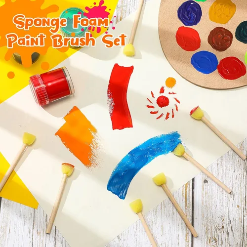 Vista 7 de Sabary Juego de 100 esponjas redondas de espuma, pinceles de esponja de pintura con mango de madera, juego de esponja para pintura, juego