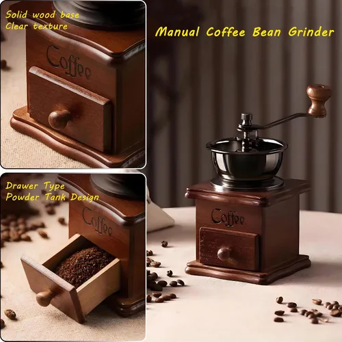 Vista 2 de Molinillo de café manual portátil, molinillo de café de madera maciza vintage con engranaje ajustable de precisión y rebabas cónicas de cerámica que