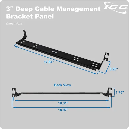 Vista 9 de ICC Panel de soporte para administrador de cables, espacio de montaje en rack de 1U, acabado de recubrimiento en polvo negro, organización de cables