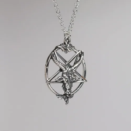 Vista 4 de Colgante satánico de cabeza de cabra baphomet de plata esterlina con collar de plata de ley de 20 pulgadas, Metal
