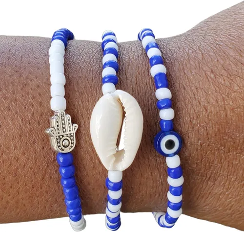 Vista 54 de 3 pcs Ilde Cowrie seashell Evil Eye Hamsa Hand Orisha Santeria Pulseras Bracelet Set