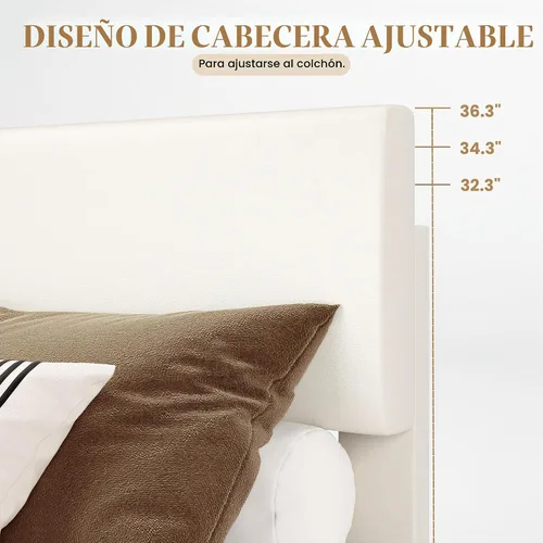 Vista 4 de SHA CERLIN Base de cama tamaño completo con cabecera ajustable, plataforma tapizada de piel sintética con listones de madera, base de colchón Blanco