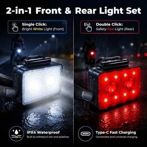 Vista 2 de Bike Lights for Night Riding, USB Rechargeable, Front and Back, 3+4 Modes, Headlight and Taillight Set, IP44 Waterproof, Accessories, Night, (2 Pack)