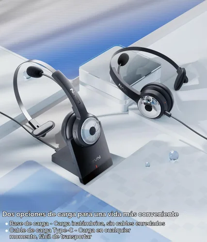 Vista 5 de LEVN Auriculares inalámbricos con micrófono para el trabajo, auriculares inalámbricos (base de carga, cancelación de ruido y botón de silencio)
