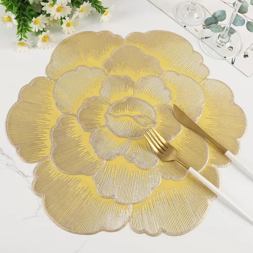 Vista 8 de Juego de 6 manteles individuales redondos dorados, manteles individuales de vinilo prensado floral lavable para mesa de comedor, boda, decoración