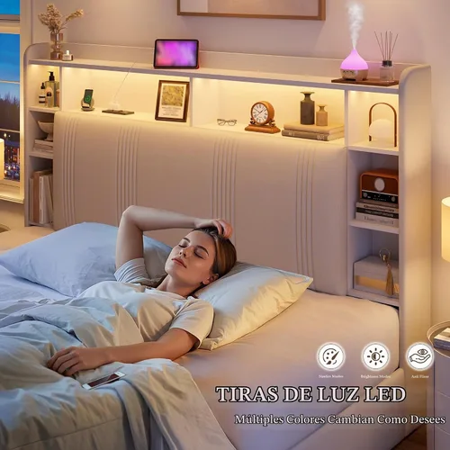 Vista 5 de EnHomee Base de cama de tamaño matrimonial con 4 cajones de almacenamiento y cabecero tapizado, marco de cama matrimonial con LED, estación de carga