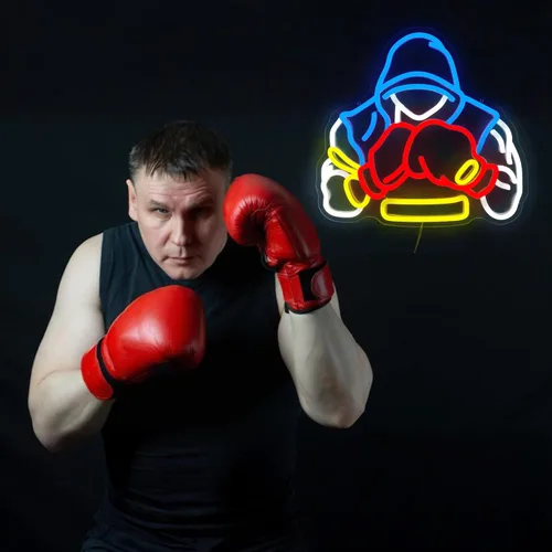 Vista 6 de Letrero de neón de boxeador, regalos de boxeo para hombres, luz LED de neón regulable para salas de deportes, decoración de gimnasio y cueva