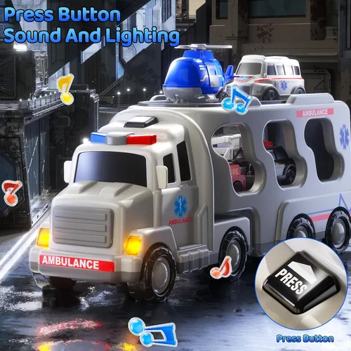 Vista 4 de Juego de Juguetes de Ambulancia para Niños Pequeños de 1-3 y 3-5 años, Juego de Camión Transportador con Coches de Juguete, Luz y Sonido, Juguetes
