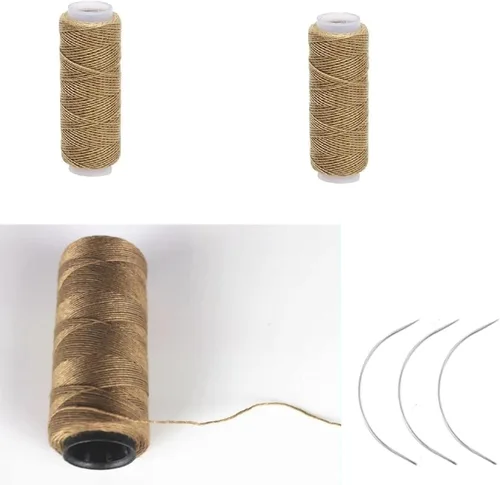 Vista 4 de Kit de hilo de coser de polialgodón, accesorios para tejer el cabello, kit de hilo de coser, agujas gruesas con 3 agujas curvas (marrón oscuro)