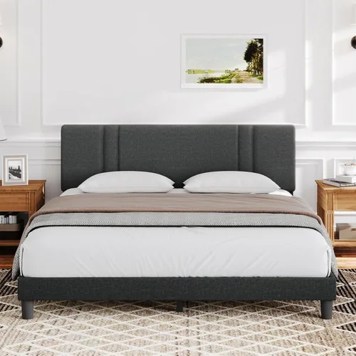 Vista 15 de Novilla Base de cama de tamaño matrimonial con plataforma de cabecera ajustable, base de cama matrimonial con cabecera tapizada de tela de lino,