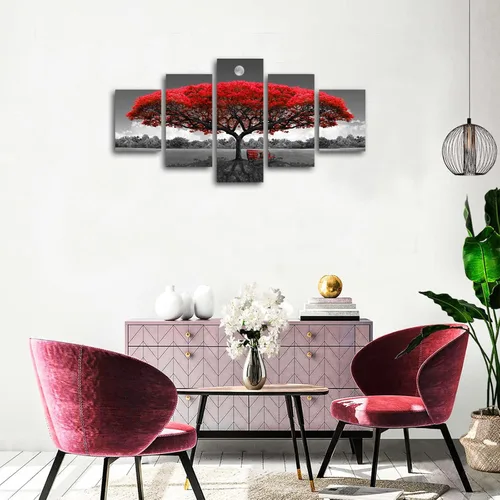Vista 3 de Lienzo decorativo para pared, árbol rojo, arte de pared enmarcado en blanco y negro, paisajes para decoración de pared, imágenes para sala de estar