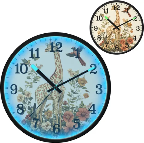 Vista 2 de Luminous Voice-Activated Wall Clock Modern Battery Operated Silent Non-Ticking Clock Giraffe Birds Flowers Botanical Illustration Vintage Style 12