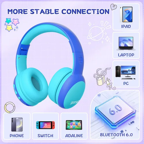 Vista 2 de Auriculares Bluetooth para Niños, Auriculares Over-Ear para Niños Pequeños con Micrófono, Volumen Limitado 85dB/94dB, 68H de Reproducción, Bluetooth
