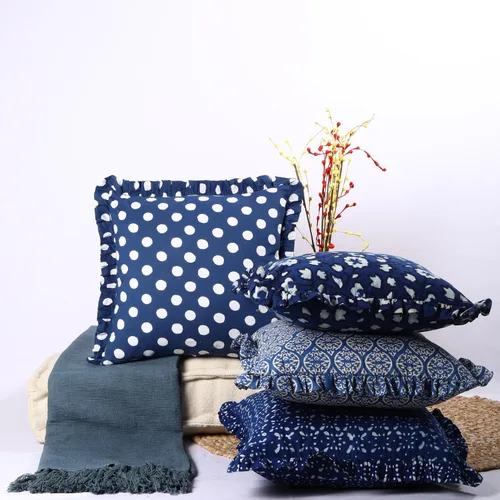 Vista 5 de Trade Star Juego de 4 fundas de almohada 100% algodón índigo, con volantes, súper suaves, altamente duraderas, hechas a mano, juego de 4 fundas