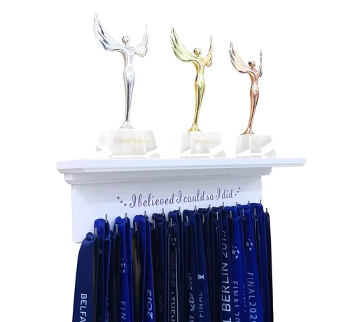 Vista 6 de Premium Trophy Shelf and Medal Hanger Featuring Solid Wooden and Sturdy Ribbon Hooks. Wall Mount Medal Holder Display Gymnastics, Soccer, Running