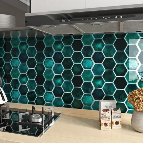 Vista 7 de FunStick Adhesivos para azulejos de pared en muro de cocina de 12 x 12 pulgadas, azulejos de pared hexagonales 3D autoadhesivos de color verde Verde