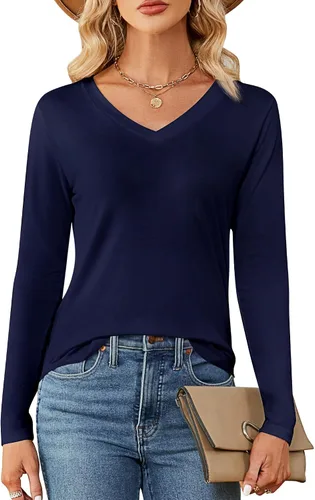 Vista 2 de Ficerd Paquete de 2 camisetas con cuello en V para mujer, manga corta o larga, camisetas básicas de verano casuales con dobladillo sólido