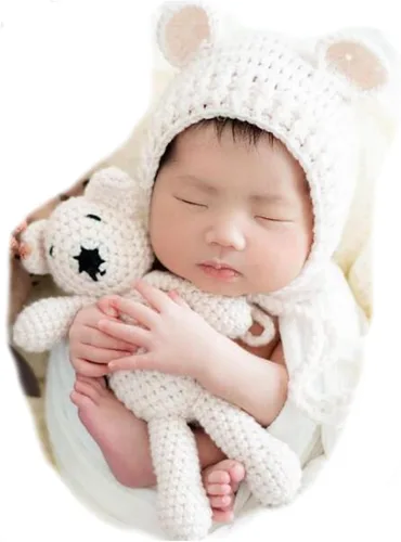 Vista 8 de Accesorios de fotografía para recién nacidos, sombrero de oso, sesiones de fotos de bebé, trajes de fotos para posar fotos de ganchillo, oso muñeca