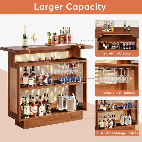 Vista 5 de Tribesigns: unidad de bar para el hogar de ratán, mesa de bar de 4 estantes estilo granja con 4 portavasos y base elevada, gabinete de bar