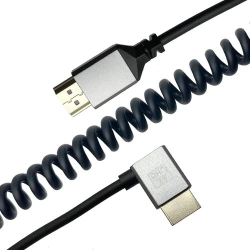Vista 5 de Seadream Cable HDMI en espiral en ángulo 4K, cable HDMI macho a macho en espiral de resorte en ángulo, HDMI 2.0 18 Gbps convertidor de extensión