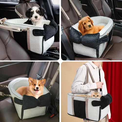 Vista 6 de Asiento de coche para perros pequeños, consola central portátil ajustable, asiento de auto para perro, asiento de auto extraíble para gatos, asiento