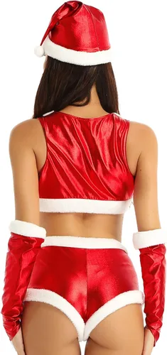 Vista 5 de Disfraz de Navidad de 4 piezas para mujer, disfraz de Papá Noel, disfraz de bebé de Papá Noel caliente