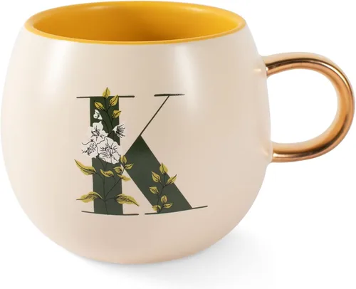 Vista 8 de Fringe Studio Taza Redonda de Gres, Monograma Floral Letra "E" 3.38" DIA. X 3.5"H, 14 fl.oz., con Asa Dorada Pintada a Mano (428047)